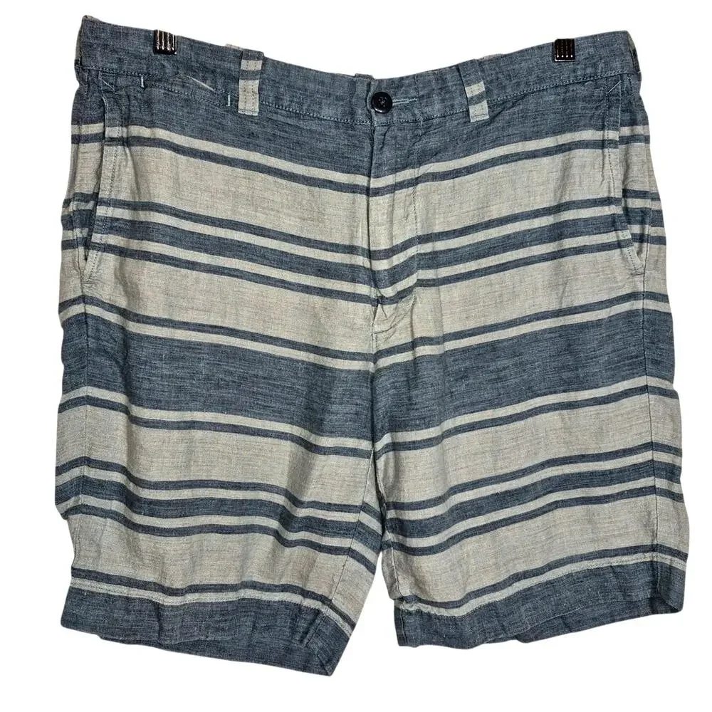 J Crew Stanton Men's 100% Linen Shorts Blue/ Gray Striped 33